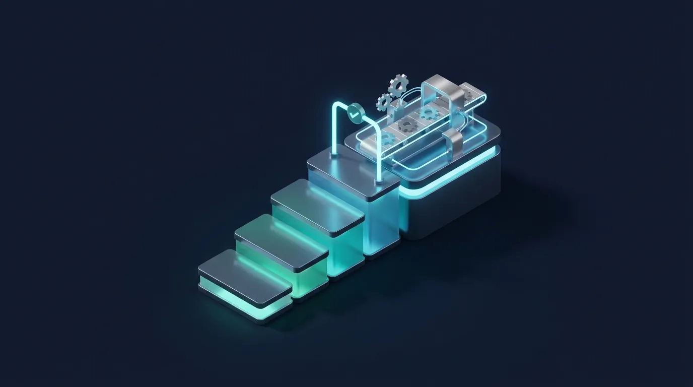 Isometric render: an ascending launch ramp of platforms ending at a running line with a quality gate
