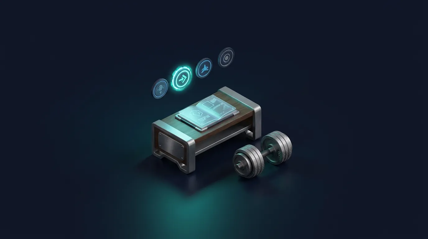 Isometric render: a workbench with a glowing playbook and a row of skill badges