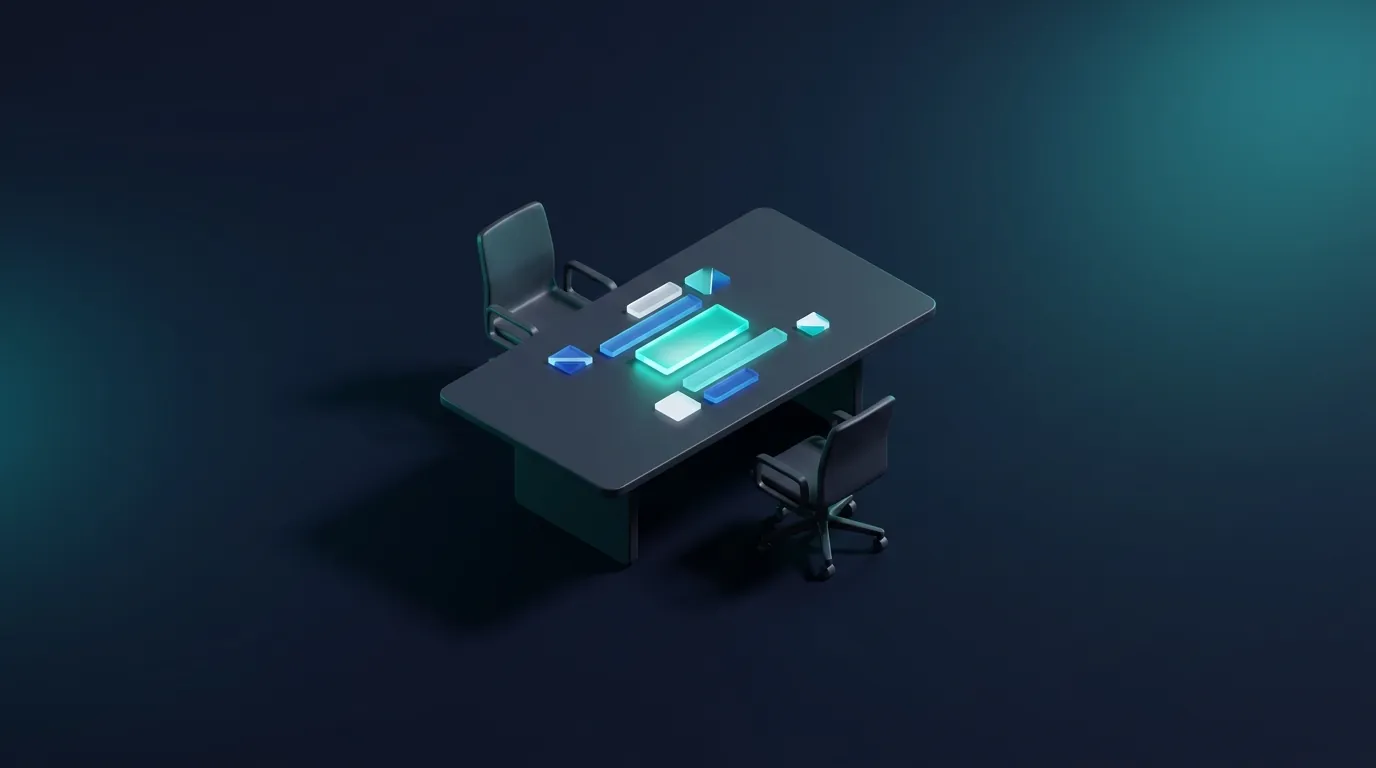 Isometric render: a negotiation table with glowing cost-driver evidence bars between two sides