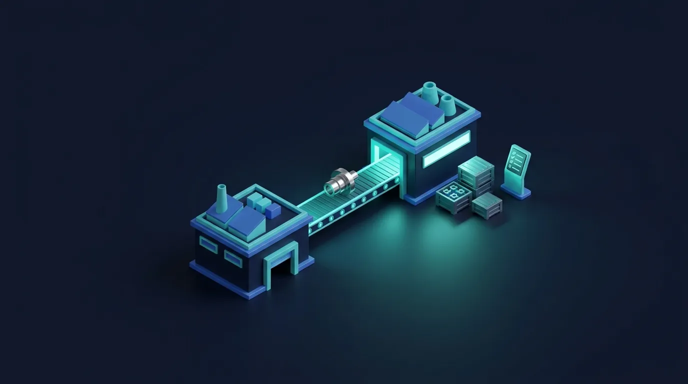 Isometric render: two factories connected by a glowing conveyor bridge, a part mid-transfer