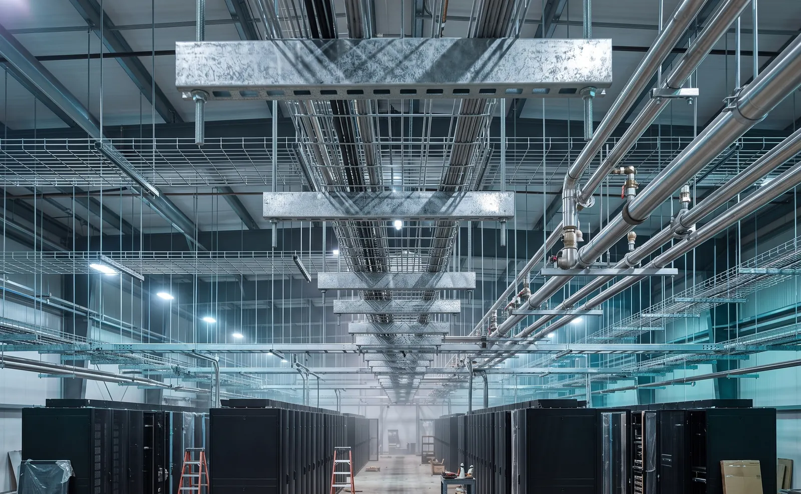 Data hall with overhead strut and cable-tray supports above server racks