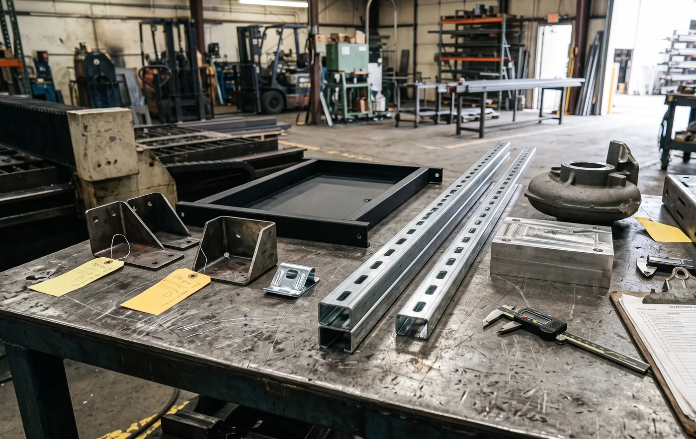 Finished brackets, frames, strut channel, a machined block and a casting on an inspection table