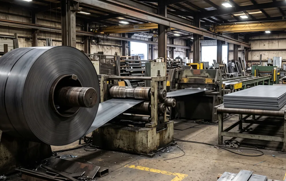 Cut-to-length line turning coil into flat sheet