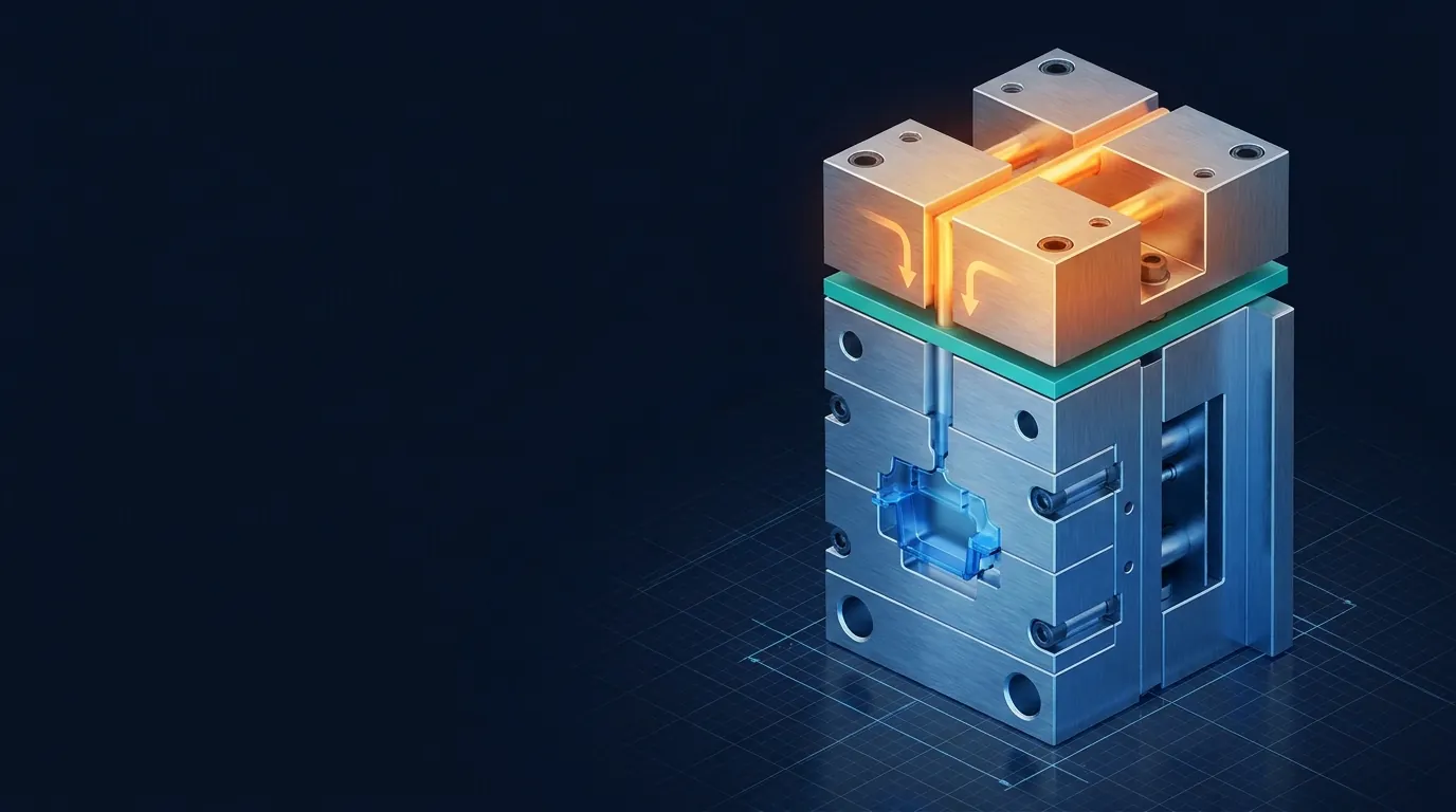 Isometric cutaway of an injection mold — a hot amber manifold on top, a teal insulation barrier beneath it, and the cool blue part cavity below