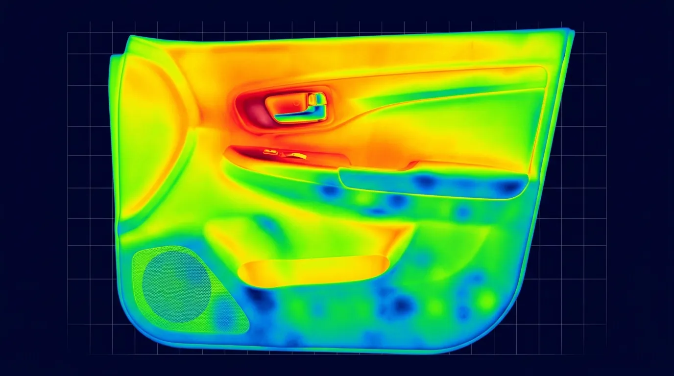 FLIR thermal map of a molded door panel showing uneven hot (red and orange) and cold (blue and green) zones across the surface