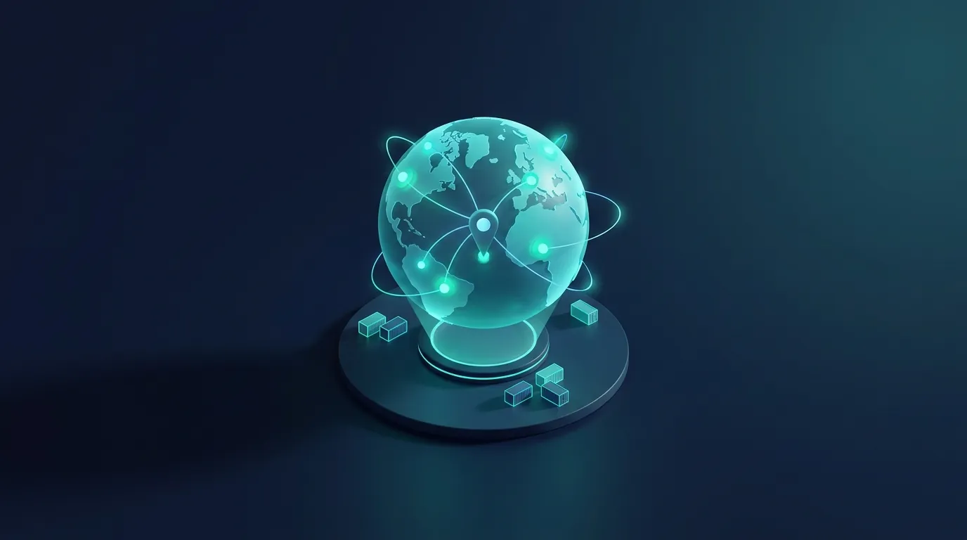 Isometric render: a glowing globe with supplier nodes linked to a central hub