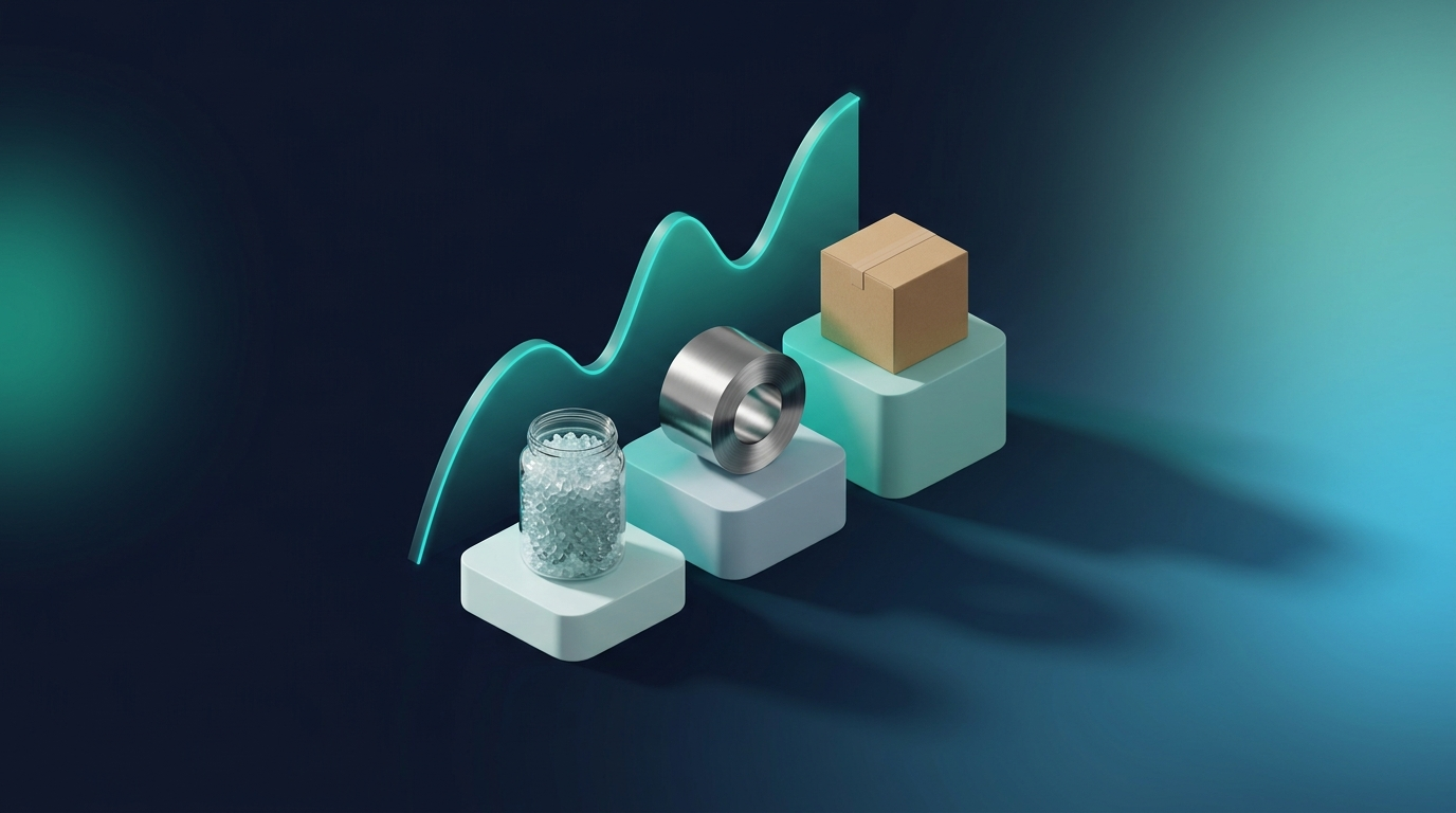 Isometric render: resin, steel and packaging materials with a rising index curve