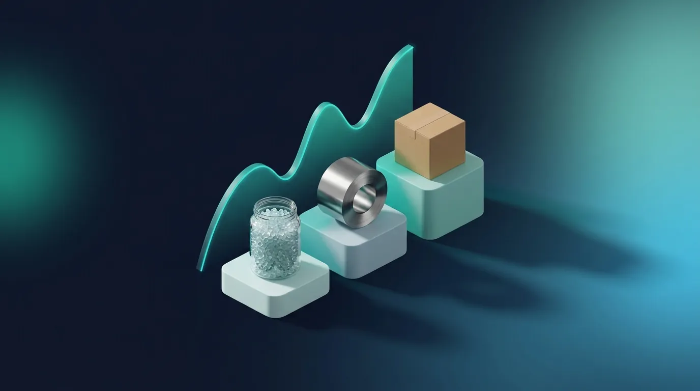 Isometric render: resin, steel and packaging materials with a rising index curve