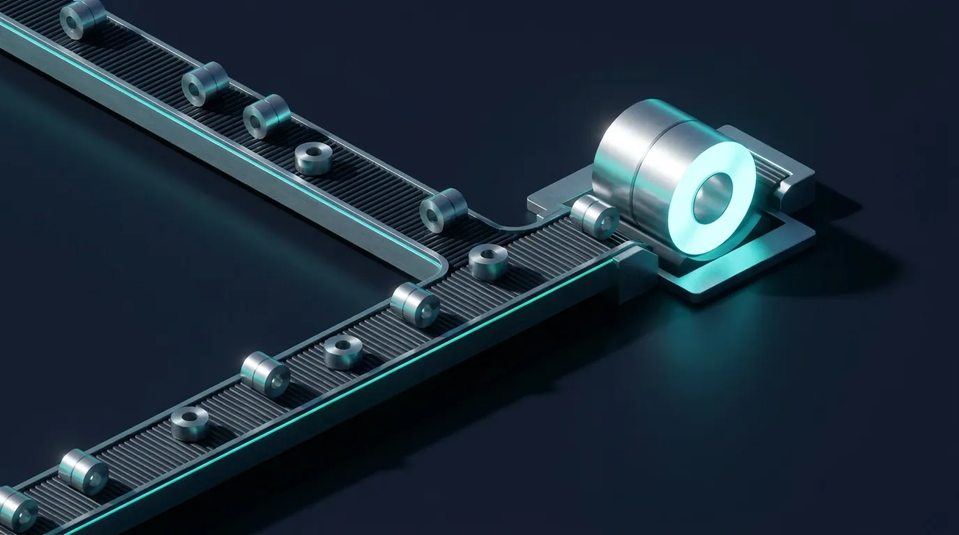 Isometric render: many small steel coils merging into one large mill coil
