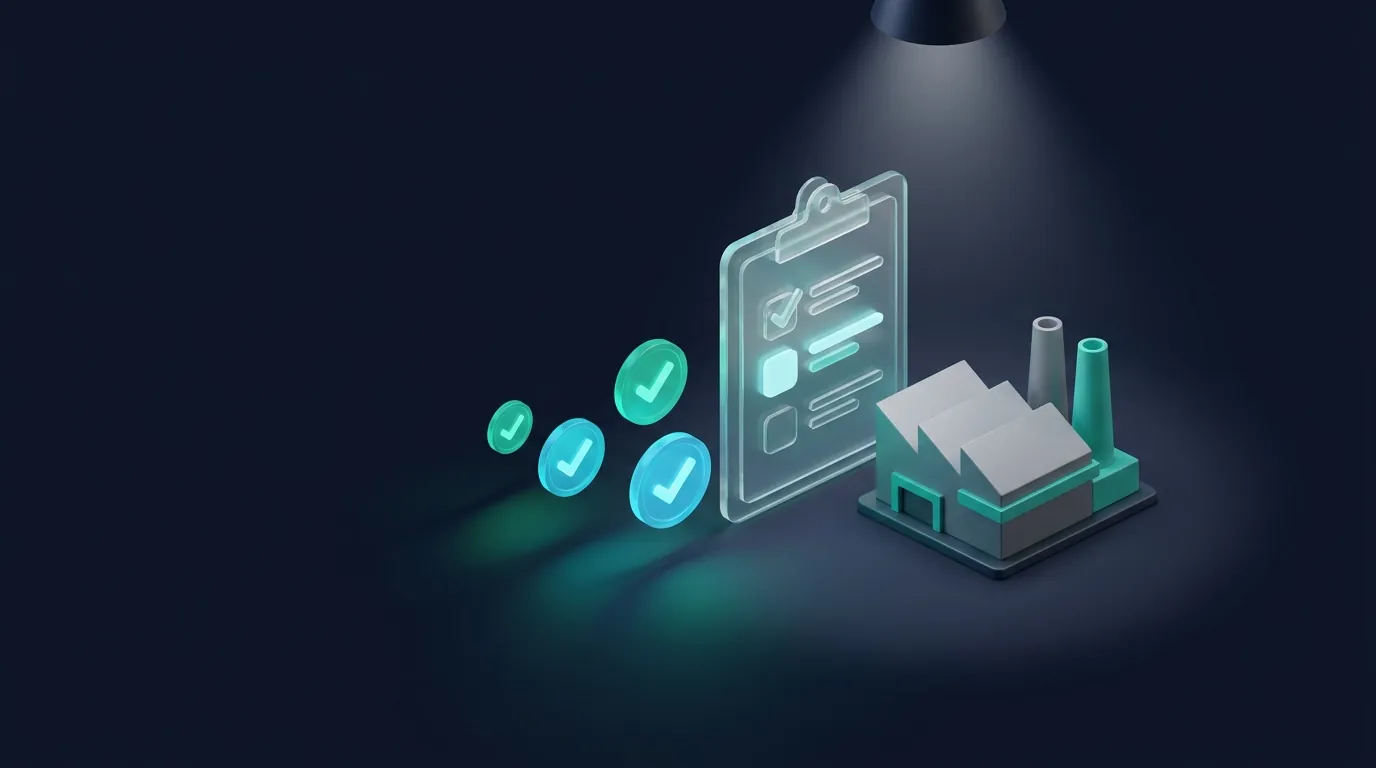 Isometric render: an audit checklist with glowing check badges beside a factory model