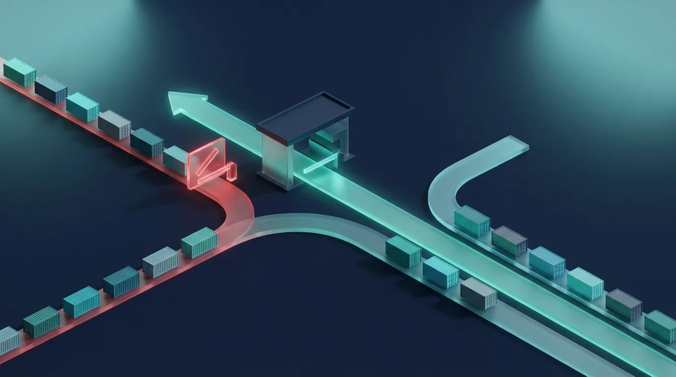 Isometric render: shipping routes diverging at a customs gate, one passing toll-free