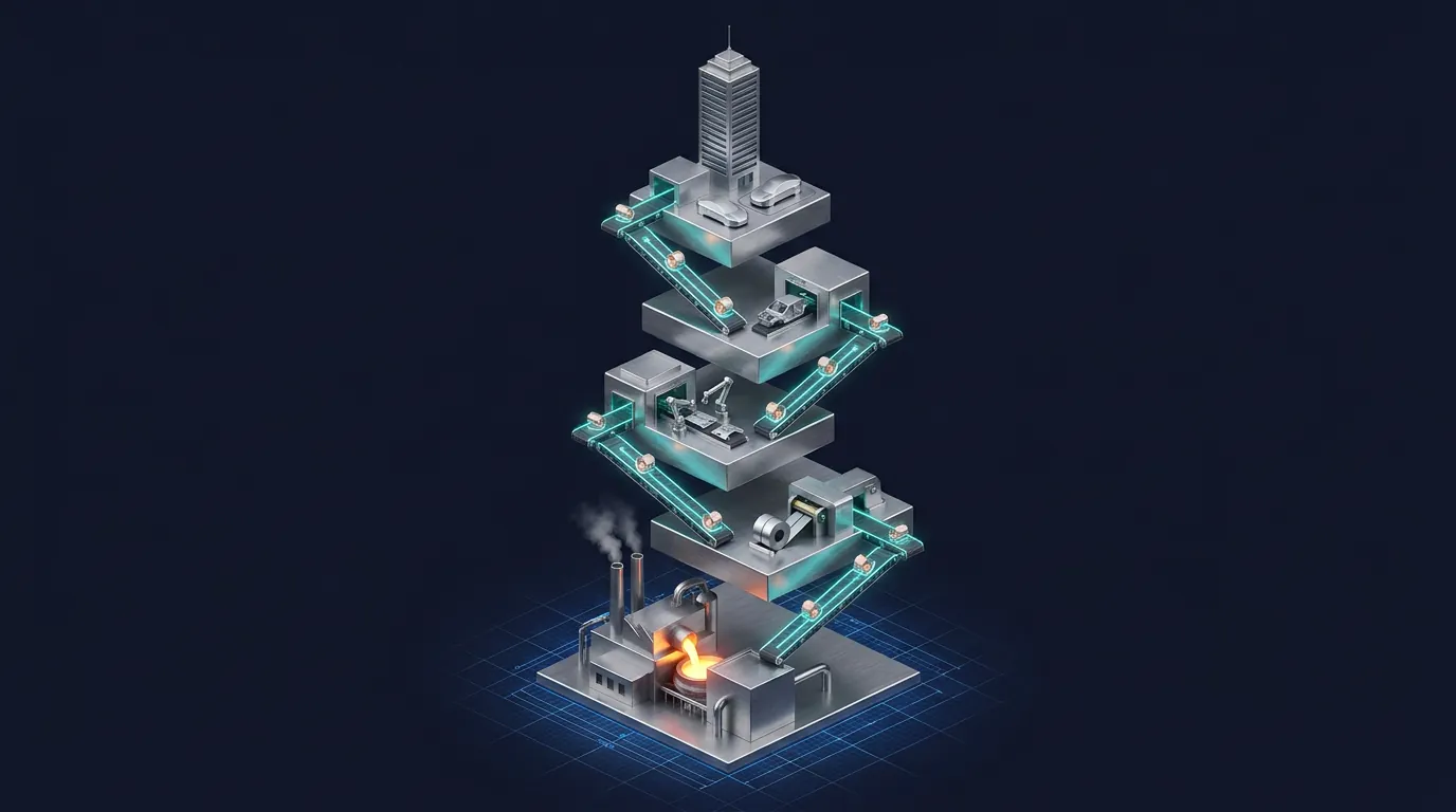 Isometric render of the five-tier steel supply chain — mill, service center, component manufacturer, assembler, and OEM — connected by glowing conveyors