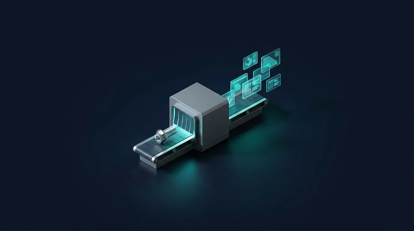 Isometric render: an automated terminal turning a metal part into data blocks