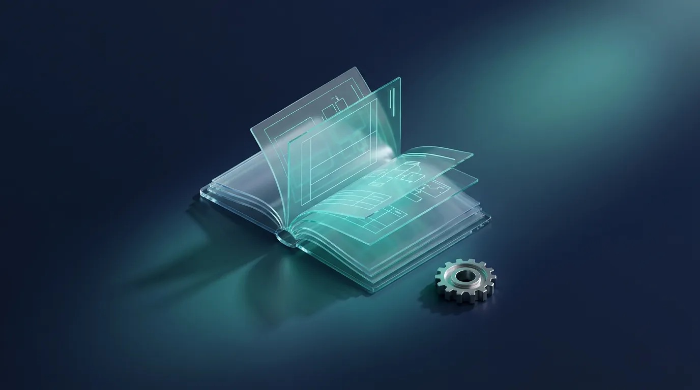 Isometric render: a translucent glass ledger with holographic cost sheets rising from it