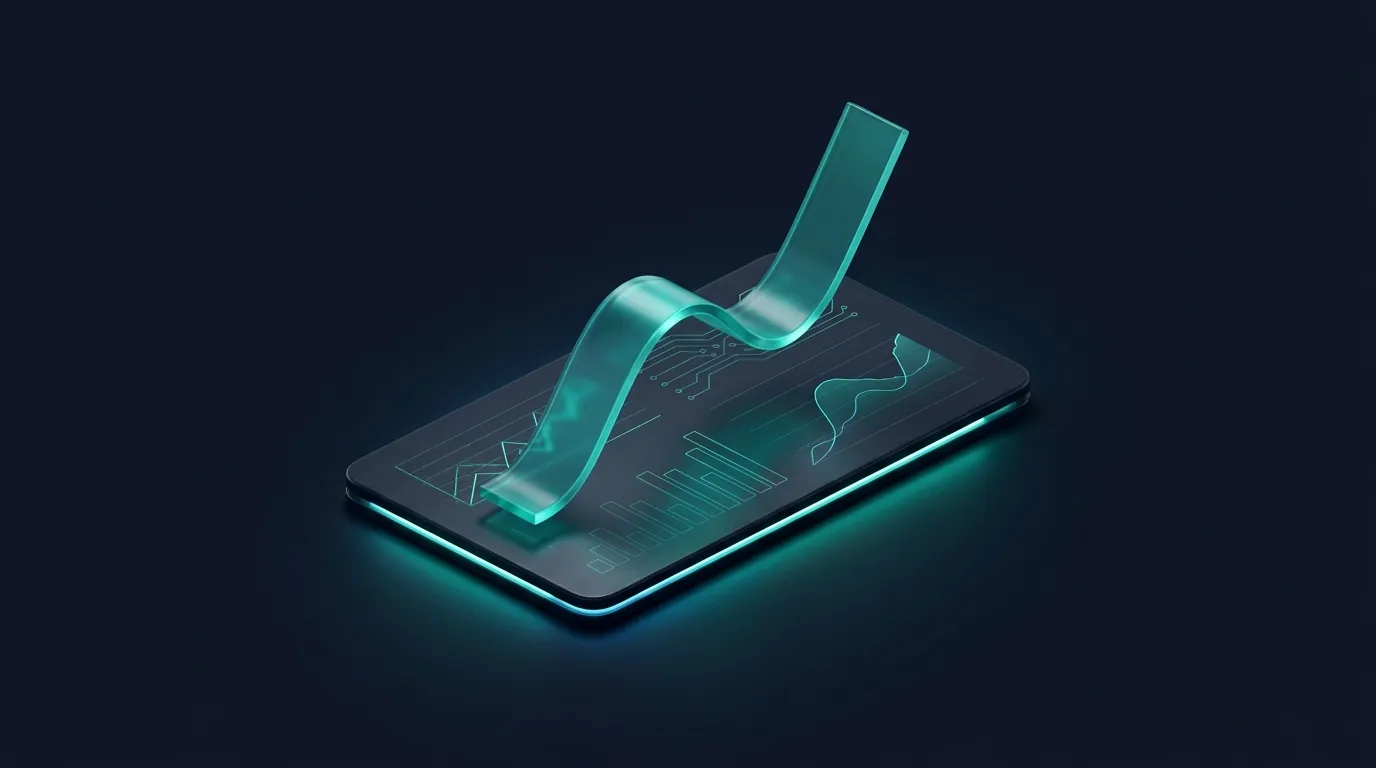 Isometric render: a glowing profit curve arcing over a financial dashboard