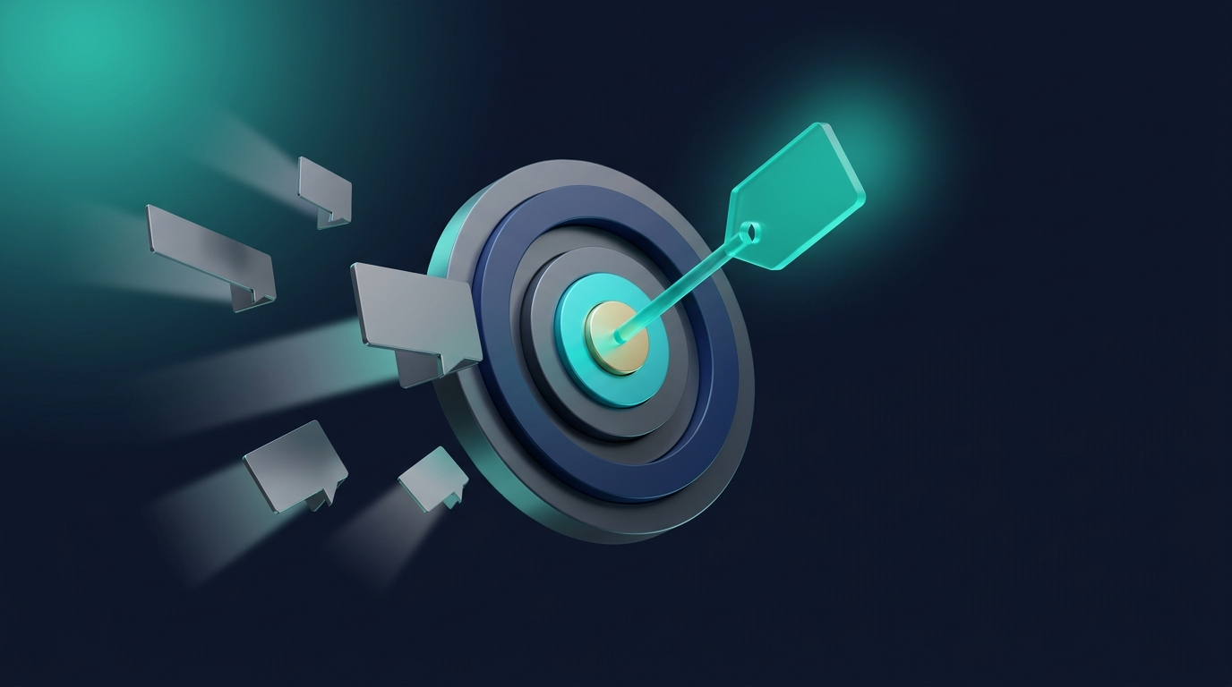 Isometric render: a price-tag arrow in the bullseye of a target as quote cards converge