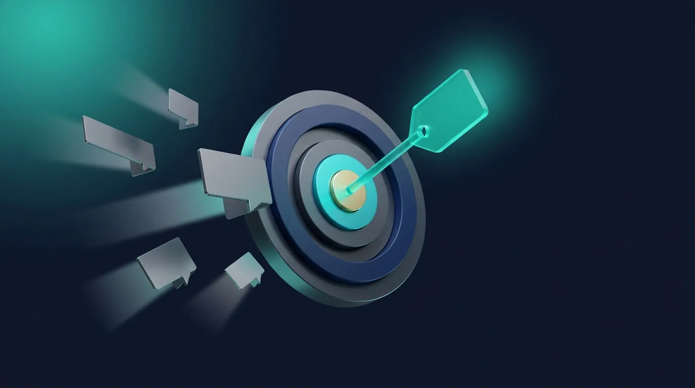 Isometric render: a price-tag arrow in the bullseye of a target as quote cards converge