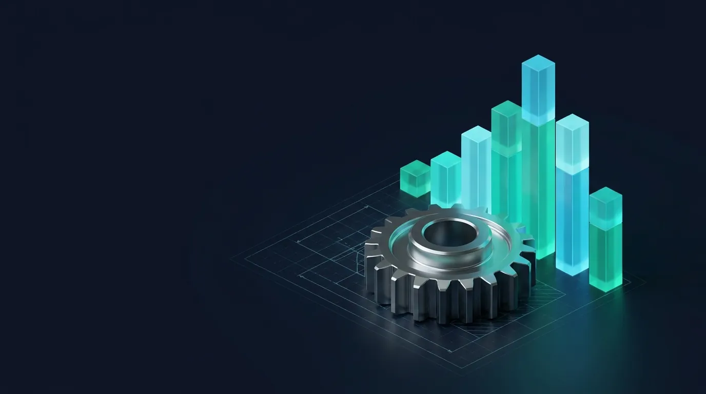 Isometric render: a machined gear with glowing cost-layer bars rising beside it