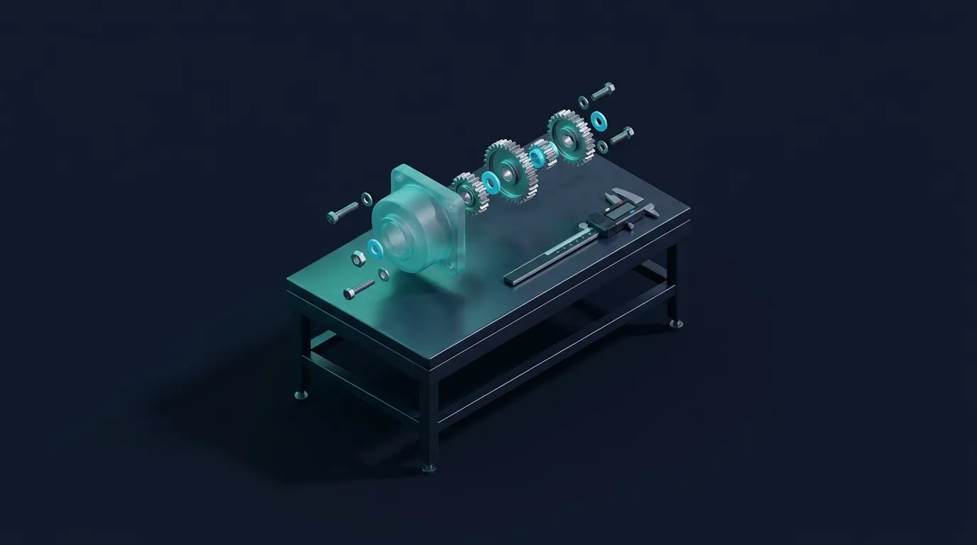 Isometric render: a mechanical assembly in exploded view on an engineering bench