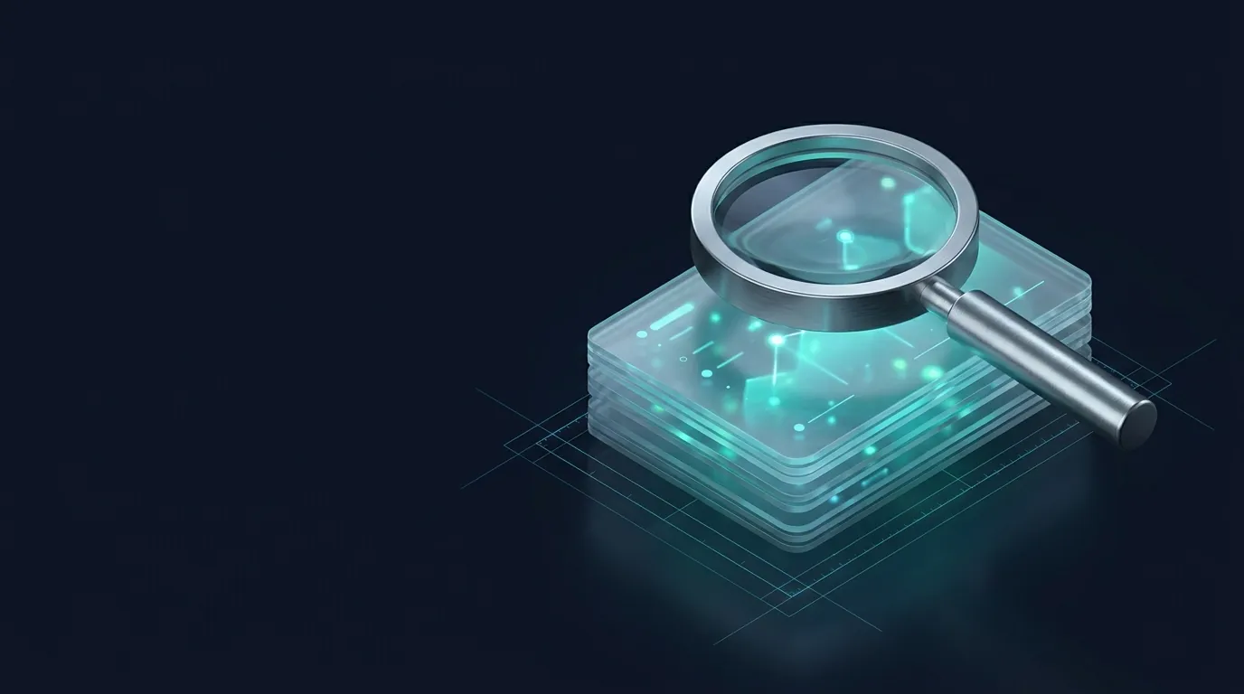 Isometric render: a brushed-steel magnifying glass inspecting a translucent stack of glowing spend-data layers