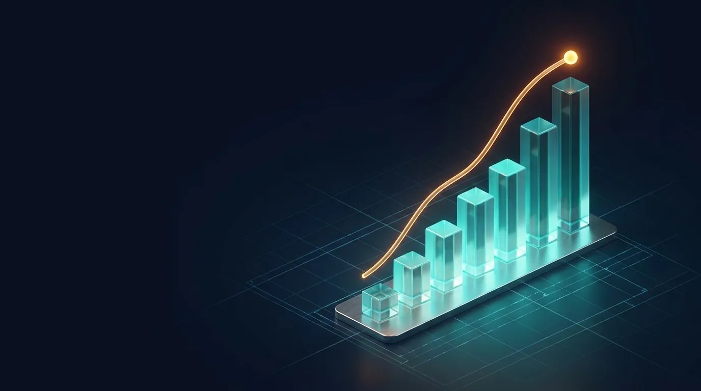 Isometric render: translucent teal bar columns ascending with a glowing amber curve rising to a peak marker