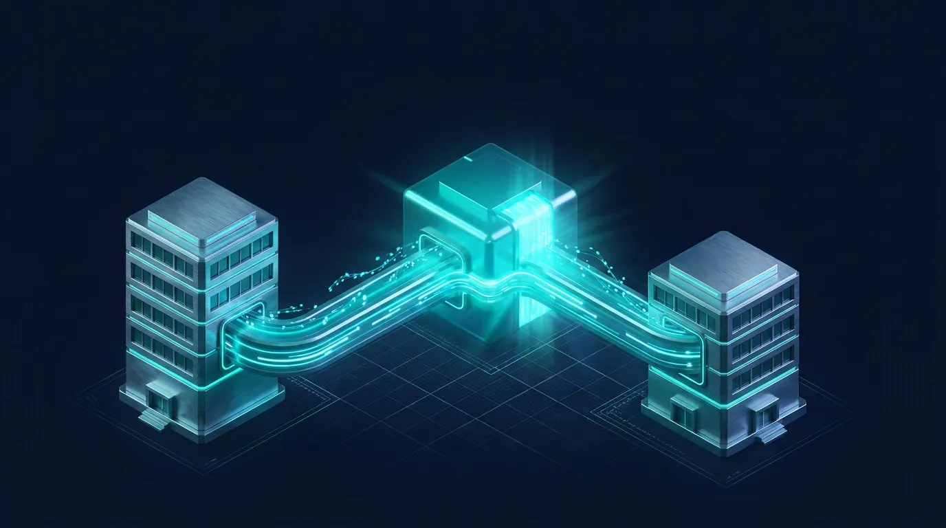 Isometric render: two brushed-steel company buildings joined by a glowing teal bridge merging into one unified block